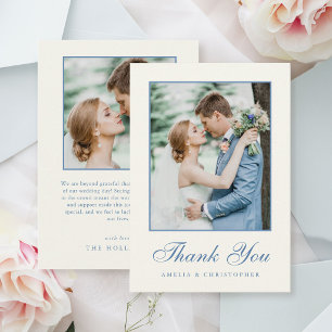 Tarjeta De Agradecimiento Clásica foto de boda en azul y crema