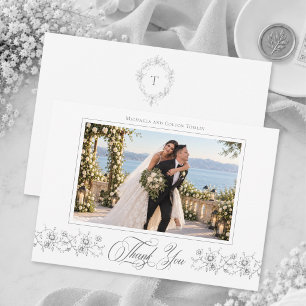 Tarjeta De Agradecimiento Clásica Foto de Boda Floral Gris Negro Vintage