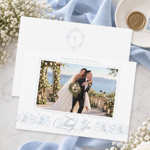Tarjeta De Agradecimiento Clásica foto de boda vintage azul polvoriento