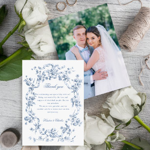 Tarjeta De Agradecimiento Clásicas flores azules y cintas de boda francesas
