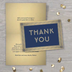 Tarjeta De Agradecimiento Clásico Border Elegante Azul Marino y Dorado Plega