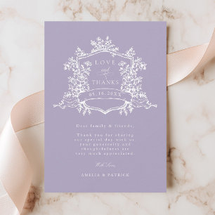 Tarjeta De Agradecimiento Clásico Crest Floral Lavanda Foto de Boda