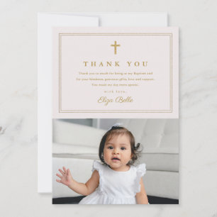Tarjeta De Agradecimiento Clásico Cruz de Oro Foto Religiosa Bautizo 