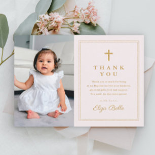 Tarjeta De Agradecimiento Clásico Cruz de Oro Foto Religiosa de Bautizo