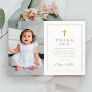 Tarjeta De Agradecimiento Clásico Cruz de Oro Foto Religiosa de Bautizo
