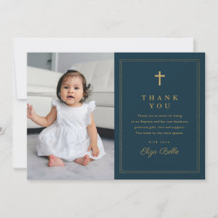 Tarjeta De Agradecimiento Clásico Cruz de Oro Foto Religiosa de Bautizo