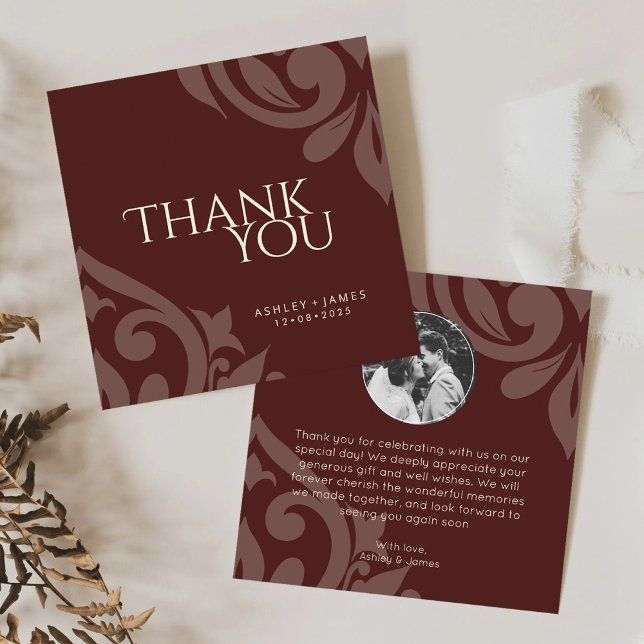 Tarjeta De Agradecimiento Clásico Damask Elegante Mahogany Red Photo Boda (Subido por el creador)