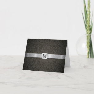 Tarjeta De Agradecimiento Clásico Damask Negro y Plateado Metálico Gracias