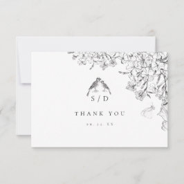 Tarjeta De Agradecimiento Clásico Elegante Boda Floral Blanco Negro 