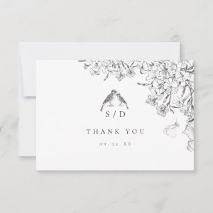 Tarjeta De Agradecimiento Clásico Elegante Boda Floral Blanco Negro 