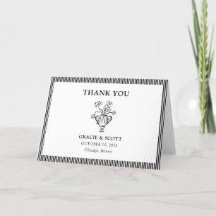 Tarjeta De Agradecimiento Clásico floral blanco y negro boceto raya boda
