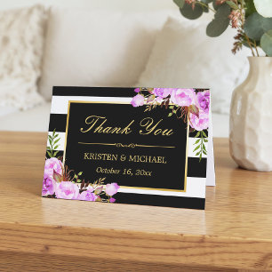 Tarjeta De Agradecimiento Clásico Floral Morado con Rayas Negras y Blancas G