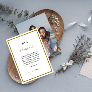 Tarjeta De Agradecimiento Clásico Formal Foto Boda Monograma Dorado Negro