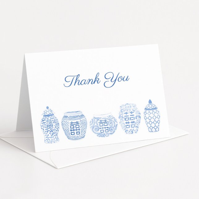Tarjeta De Agradecimiento Clásico Ginger Jars Azul Y Blanco Sur (Simple blue and white watercolor ginger jars thank you card design)