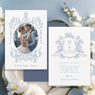 Tarjeta De Agradecimiento Clásico Marco Floral Azul Polvoriento Foto de Boda