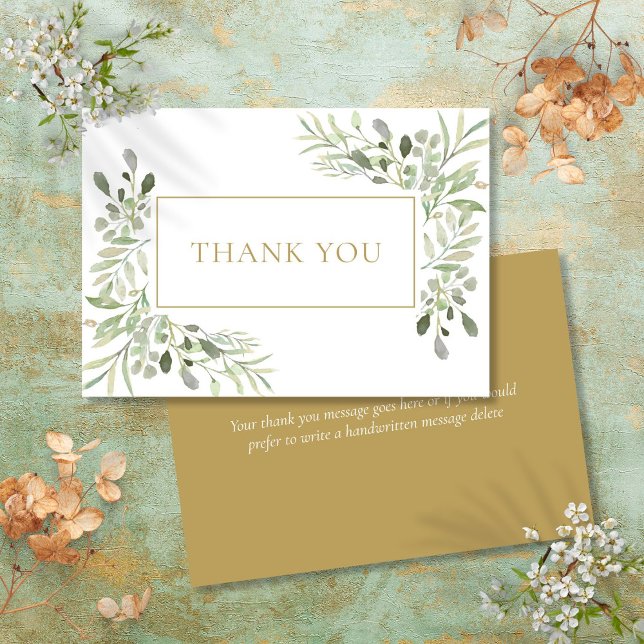 Tarjeta De Agradecimiento Clásico Moderno Elegante Verdor Oro (Modern Classic Elegant Greenery Gold Thank You Card)