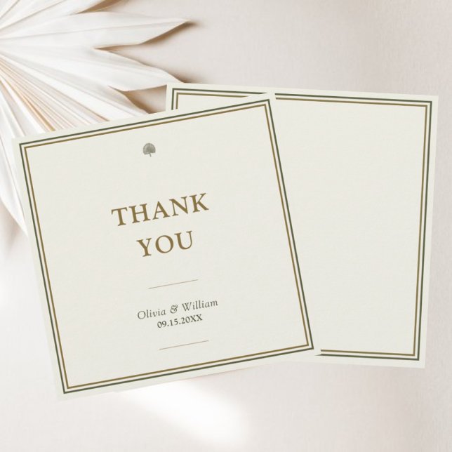 Tarjeta De Agradecimiento Clásico Moderno Marfil y Dorado Bodas con Letra a  (Timeless ivory & gold square thank you card with customizable monogram back.)