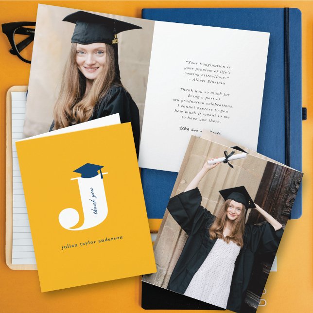 Tarjeta De Agradecimiento Clásico Monograma J Graduación Cap Foto moderna (Classic Graduate's Monogram J Graduation Cap Modern Photo Thank You Card @ zazzle.com/color_therapy)