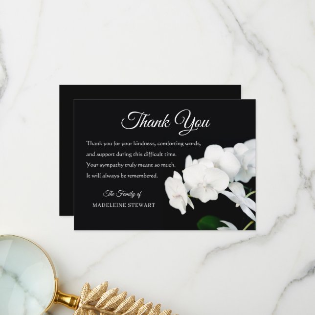 Tarjeta De Agradecimiento Clásico Negro con Orquídeas Blancas Simpatía Funer (Anverso/Reverso In Situ)