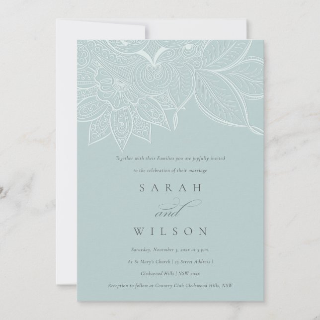 Tarjeta De Agradecimiento Clásico Ornate Paisley Dusky Blue Wedding Invite (Anverso)