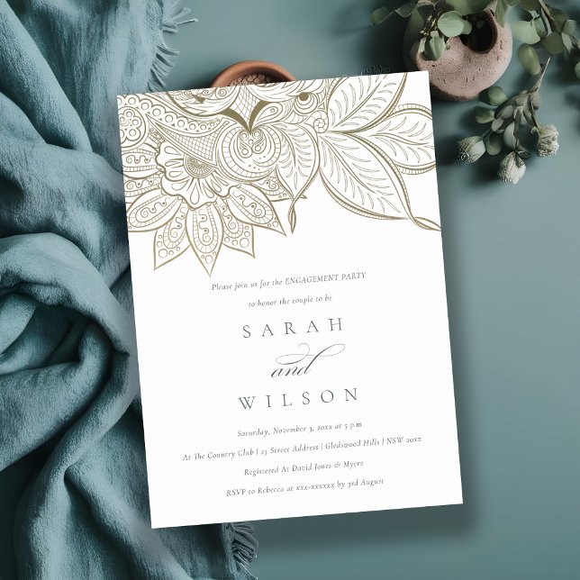 Tarjeta De Agradecimiento Clásico Ornate Paisley Ivory Gold Engagement Invit (Subido por el creador)
