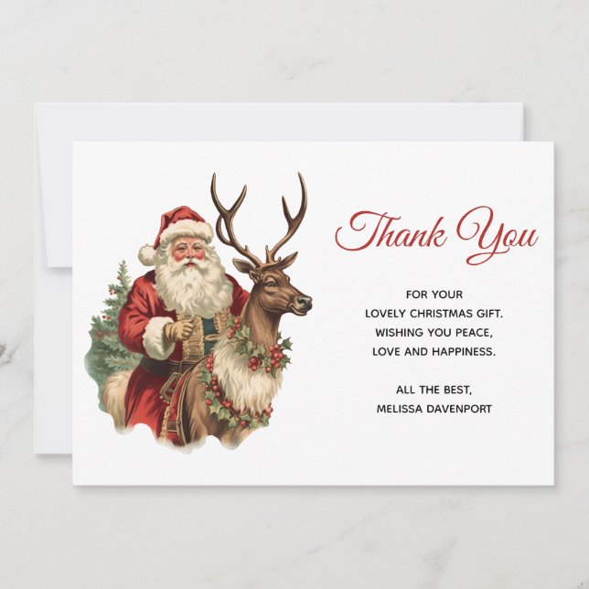 Tarjeta De Agradecimiento Clásico Santa Claus montando Navidades de renos (Anverso)