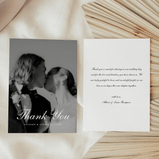 Tarjeta De Agradecimiento Classic Black & White Script Wedding Photo