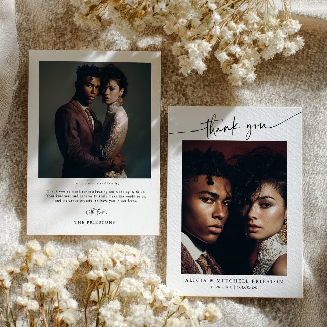 Tarjeta De Agradecimiento Classic Boho Minimalist Script Wedding Photo (Classic Boho Minimalist Script Wedding Photo Thank You Card)