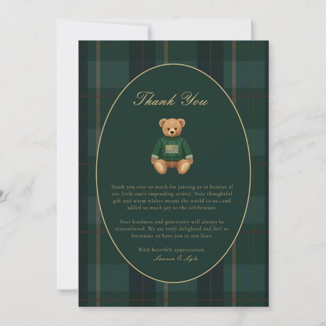Tarjeta De Agradecimiento Classic Dark Plaid Lauren Inspired Baby Shower  (Anverso)