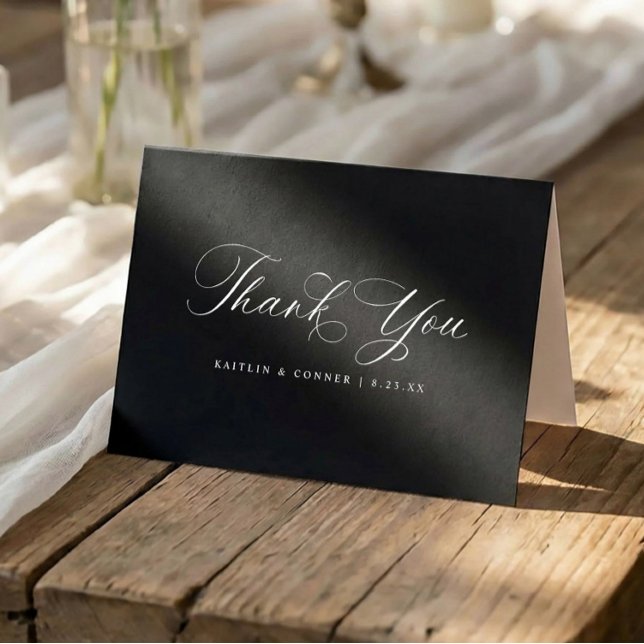 Tarjeta De Agradecimiento Classic Elegant Black and White Wedding (Black wedding thank you cards with white text and elegant calligraphy script)