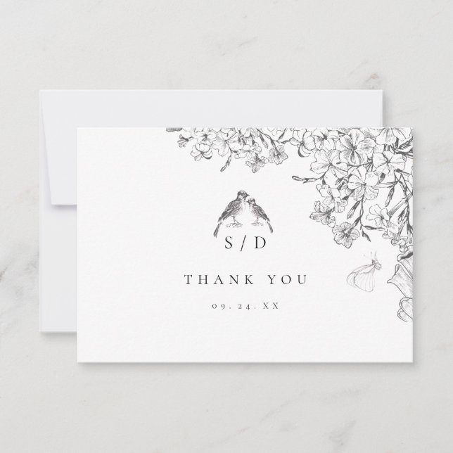 Tarjeta De Agradecimiento Classic Elegant Black White Floral Wedding  (Anverso)