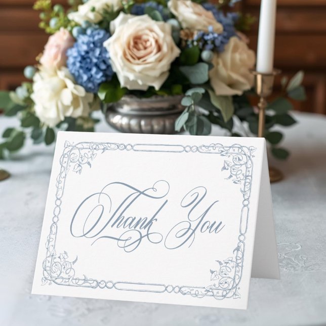 Tarjeta De Agradecimiento Classic Elegant Dusty Blue Floral Frame Wedding (Classic Elegant Blue Floral Frame Photo Wedding Thank You Card)