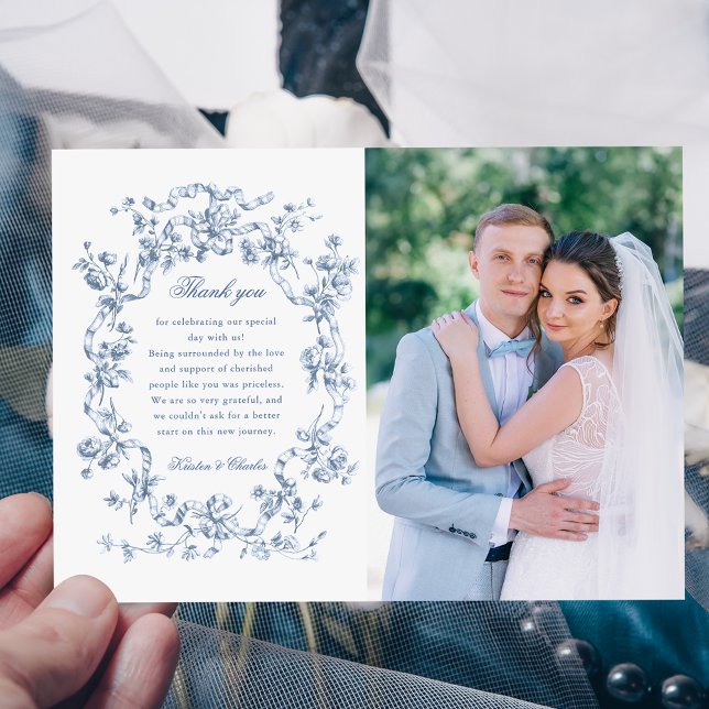 Tarjeta De Agradecimiento Classic French Blue Flowers & Ribbons Photo (Subido por el creador)