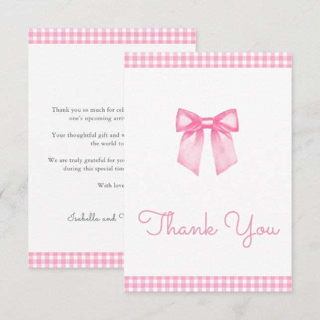 Tarjeta De Agradecimiento Classic Gingham Pink Bow Baby Shower (Anverso / Reverso)