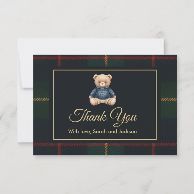 Tarjeta De Agradecimiento Classic Polo Teddy Bear Preppy Plaid Baby Shower  (Anverso)