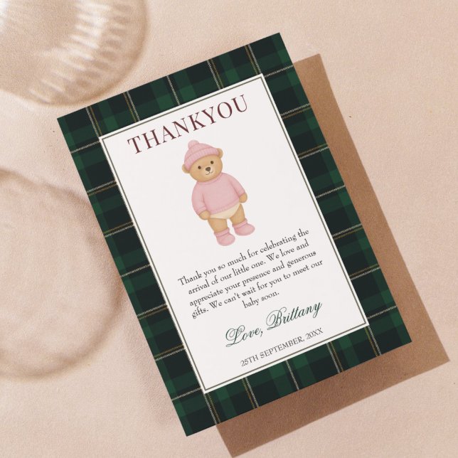 Tarjeta De Agradecimiento Classic Preppy Bear Pink Baby Shower (Subido por el creador)