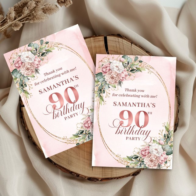 Tarjeta De Agradecimiento Classic Rose Gold Greenery 90th Birthday Thank You (Classic Rose Gold Greenery 90th Birthday Thank You Card)