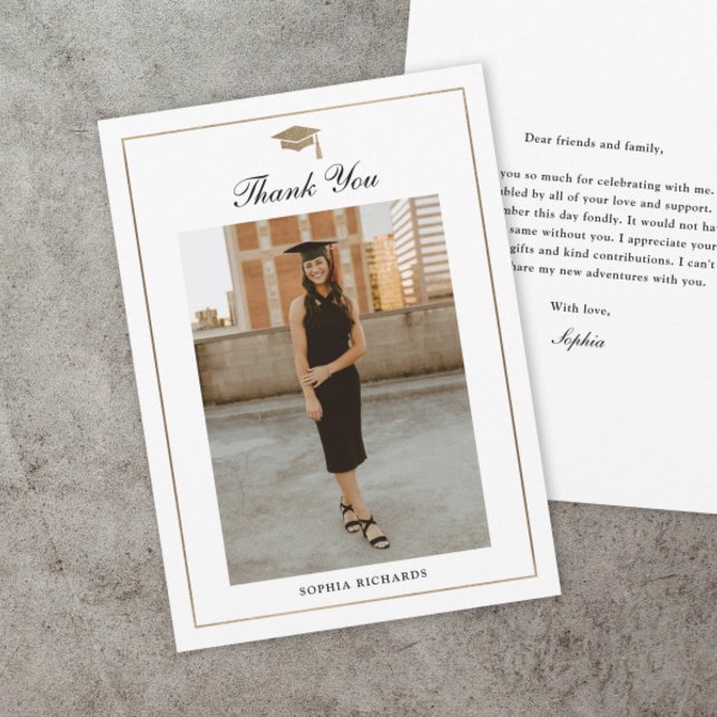 Tarjeta De Agradecimiento Classic Script Black and White Graduation Photo (Classic script black and white graduation photo thank you cards.)