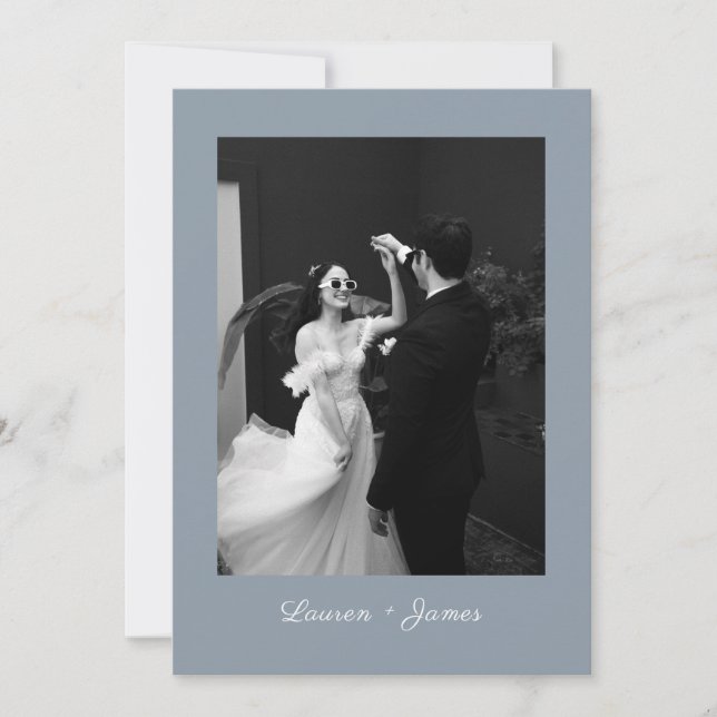 Tarjeta De Agradecimiento Classic Script Dusty Blue Wedding Photo Thank You (Anverso)