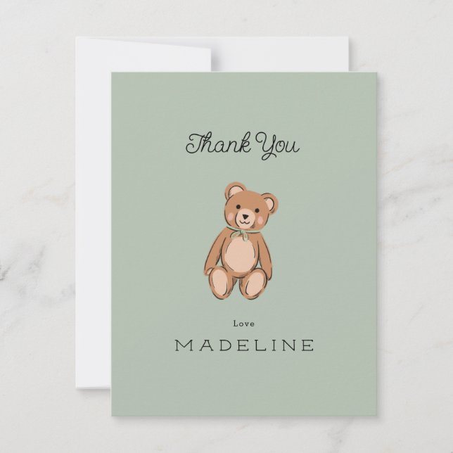 Tarjeta De Agradecimiento Classic Teddy Bear Sage Green Baby Shower (Anverso)