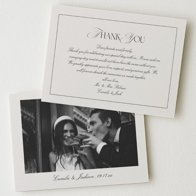 Tarjeta De Agradecimiento Classy Old Money Black and Ivory Wedding Photo (Subido por el creador)