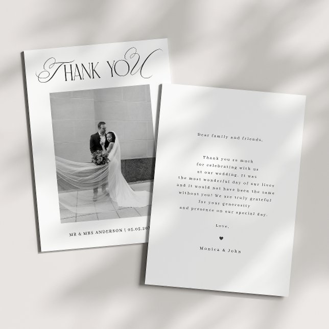 Tarjeta De Agradecimiento Classy Old Money Script Black White Photo Wedding (Subido por el creador)