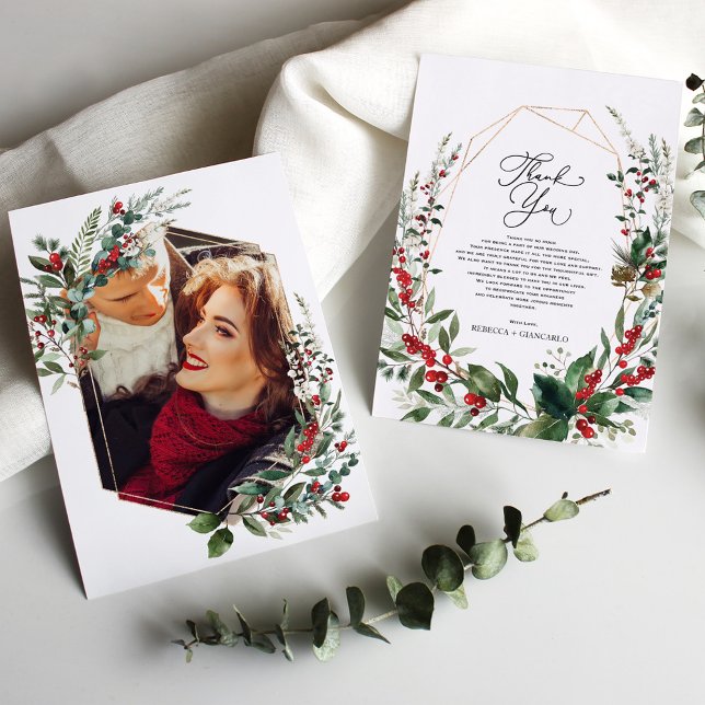 Tarjeta De Agradecimiento Classy Winter Greenery Red Berries Photo (Subido por el creador)