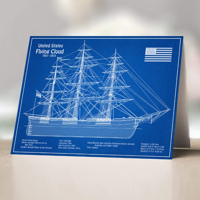 Tarjeta De Agradecimiento Clipper Ship Flying Cloud - Blueprint ABD (Clipper Ship Flying Cloud - Blueprint ABD. Thank You Card)