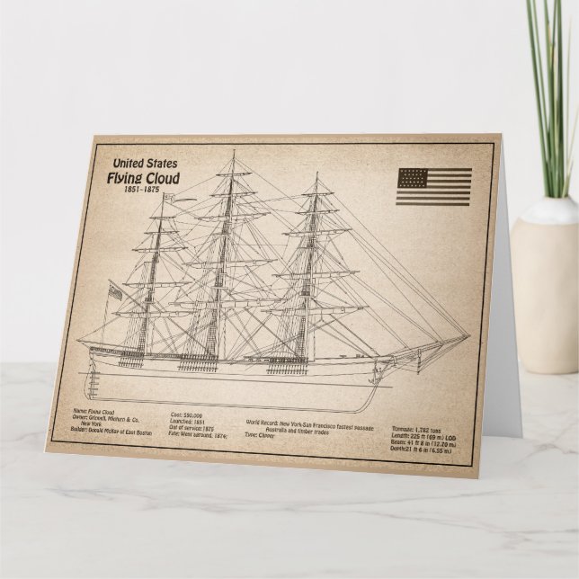Tarjeta De Agradecimiento Clipper Ship Flying Cloud - Ship Blueprint SD (Anverso)
