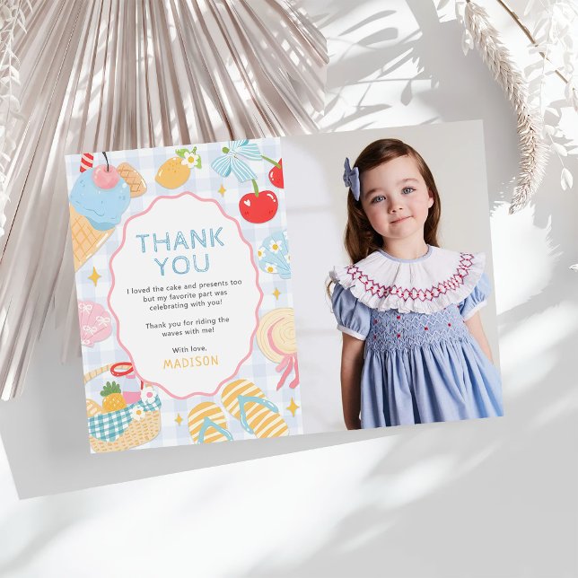 Tarjeta De Agradecimiento Coastal Beach Pastel Doodle Girls Birthday Photo (Subido por el creador)