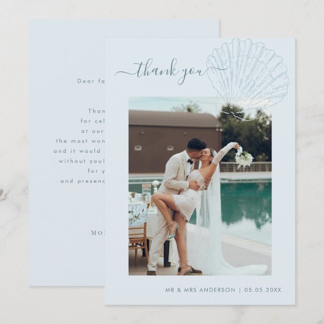 Tarjeta De Agradecimiento Coastal Blue Hand Drawn Seashell Photo Wedding (Anverso / Reverso)