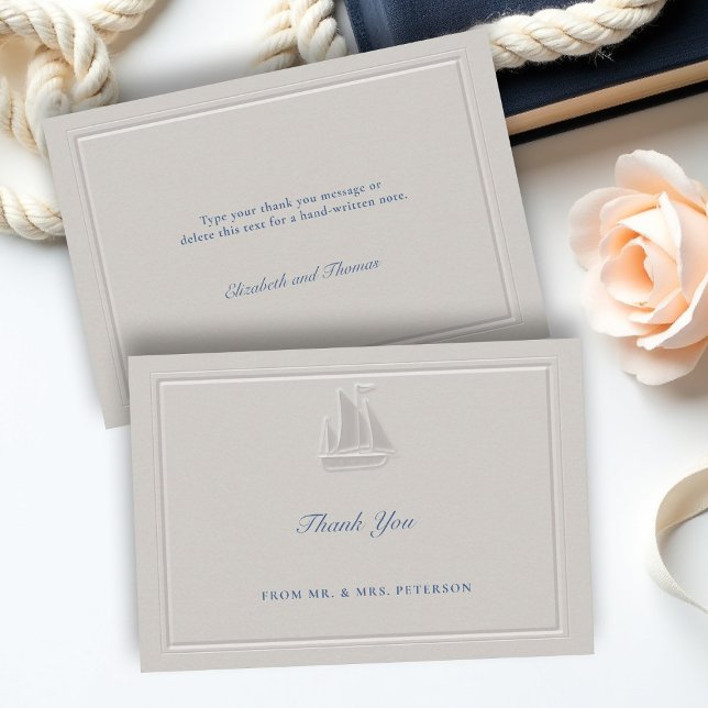 Tarjeta De Agradecimiento Coastal Nautical Sailboat Elegant Simple Wedding (coastal wedding thank you card nautical sail boat formal traditional double frame modern classic)