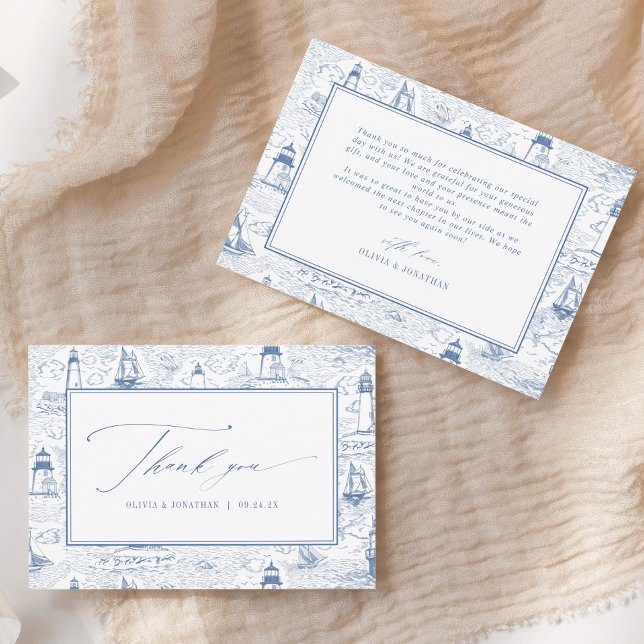 Tarjeta De Agradecimiento Coastal Toile Lighthouse Blue Wedding (Subido por el creador)