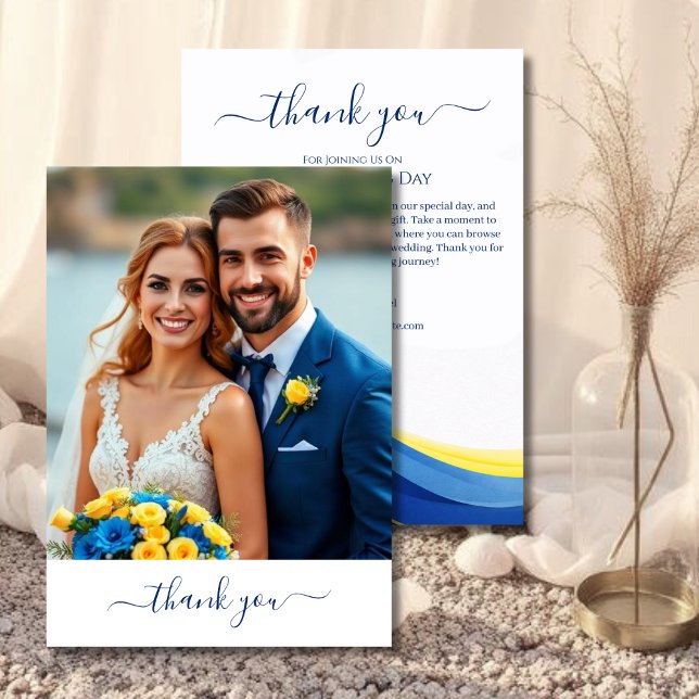 Tarjeta De Agradecimiento Cobalt Blue and Yellow Photo Wedding Thank you (Cobalt Blue and Yellow Photo Wedding Thank you )